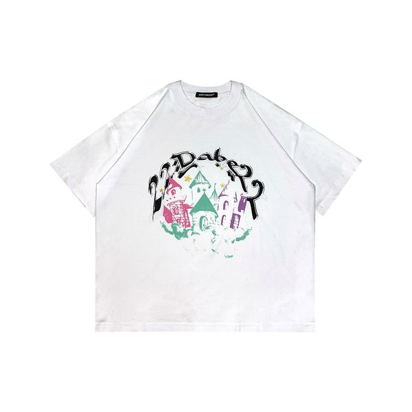 A white oversized streetwear shirt with a distressed effect, featuring a five-coloured screen print of a castle at the front. Made from premium 100% cotton, the shirt is unisex and perfect for any occasion.